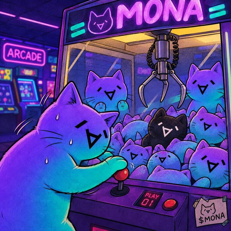 Mona Cat sweating at the joystick of a MONA claw machine full of plush cats