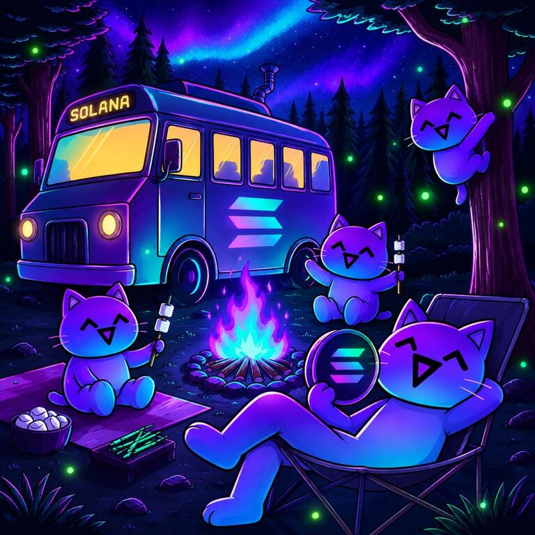 Mona Cats camping around a fire beside a Solana tour bus under the northern lights