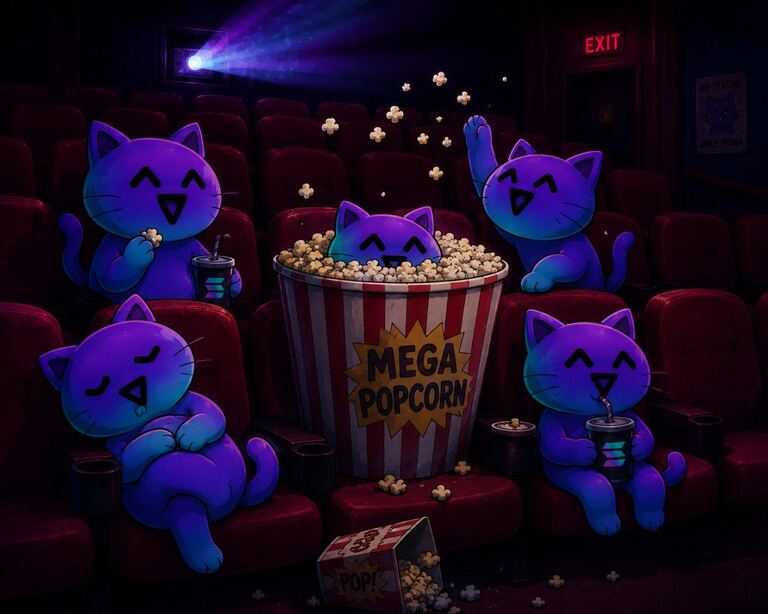 A row of Mona Cats in a cinema sharing a bucket of mega popcorn