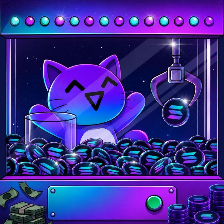 Mona Cat grinning inside a neon claw machine filled with coins