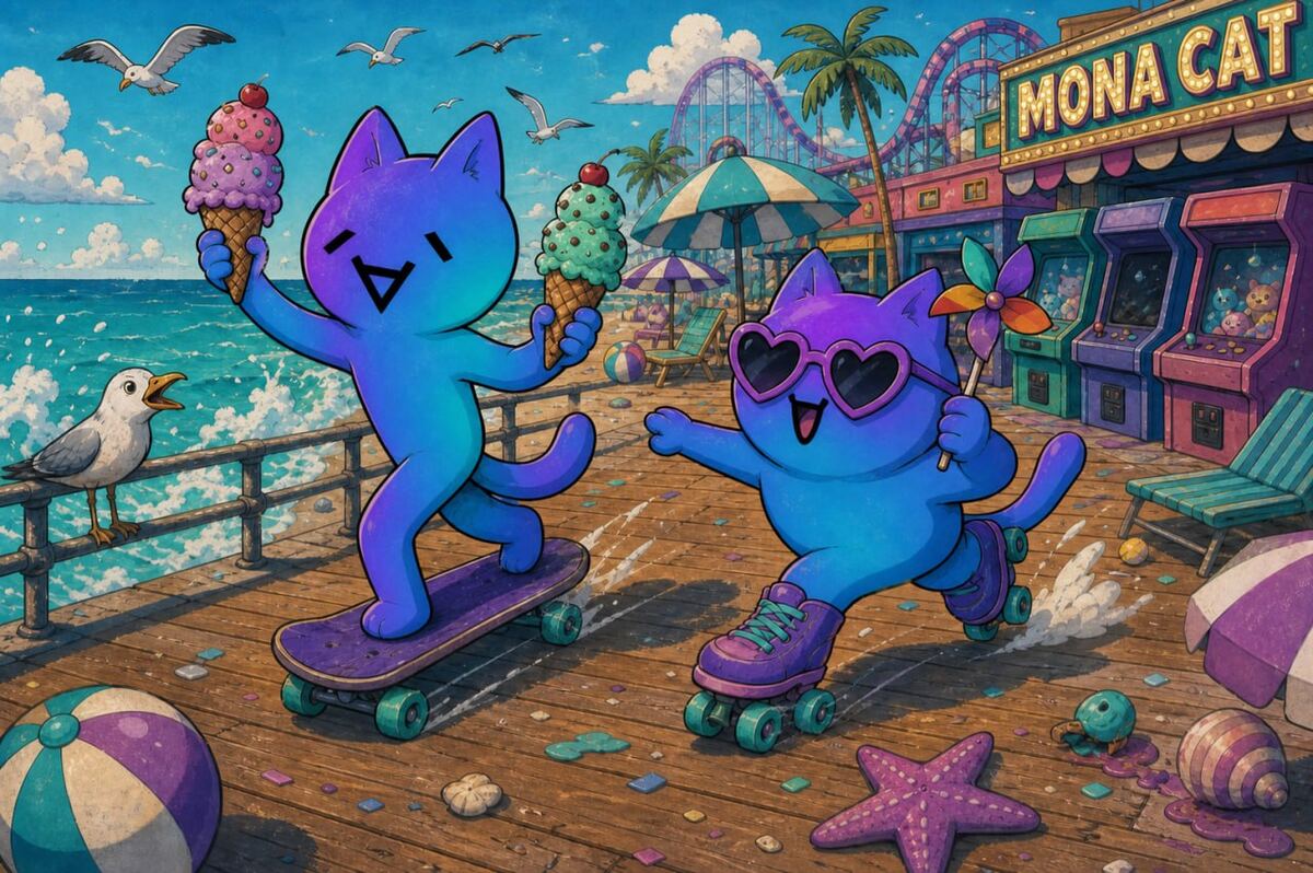 Two Mona Cats rollerskating along a seaside boardwalk with ice cream