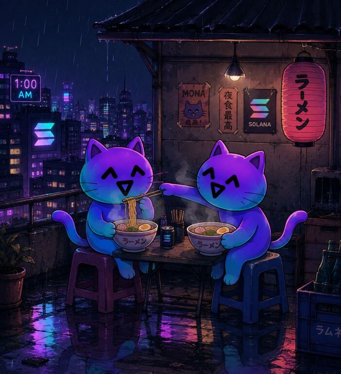 Two Mona Cats eating ramen at a rainy neon noodle stall at one in the morning