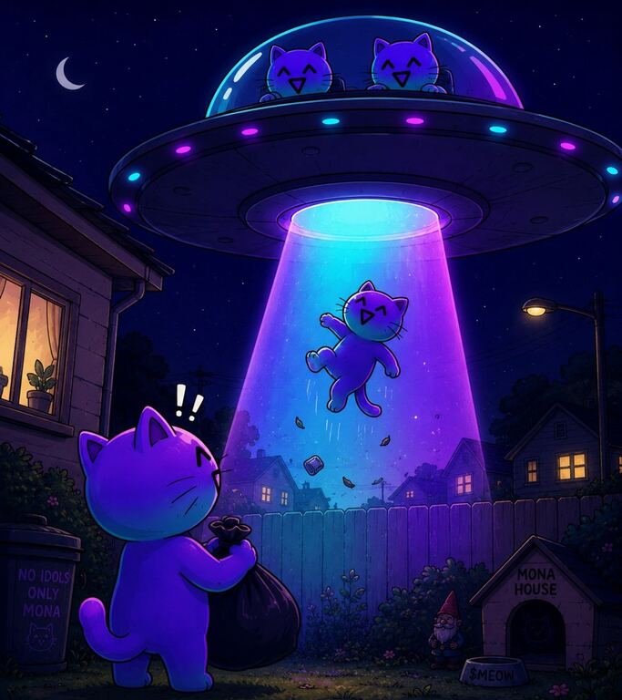A Mona Cat UFO tractor-beaming a cat out of a suburban back garden at night